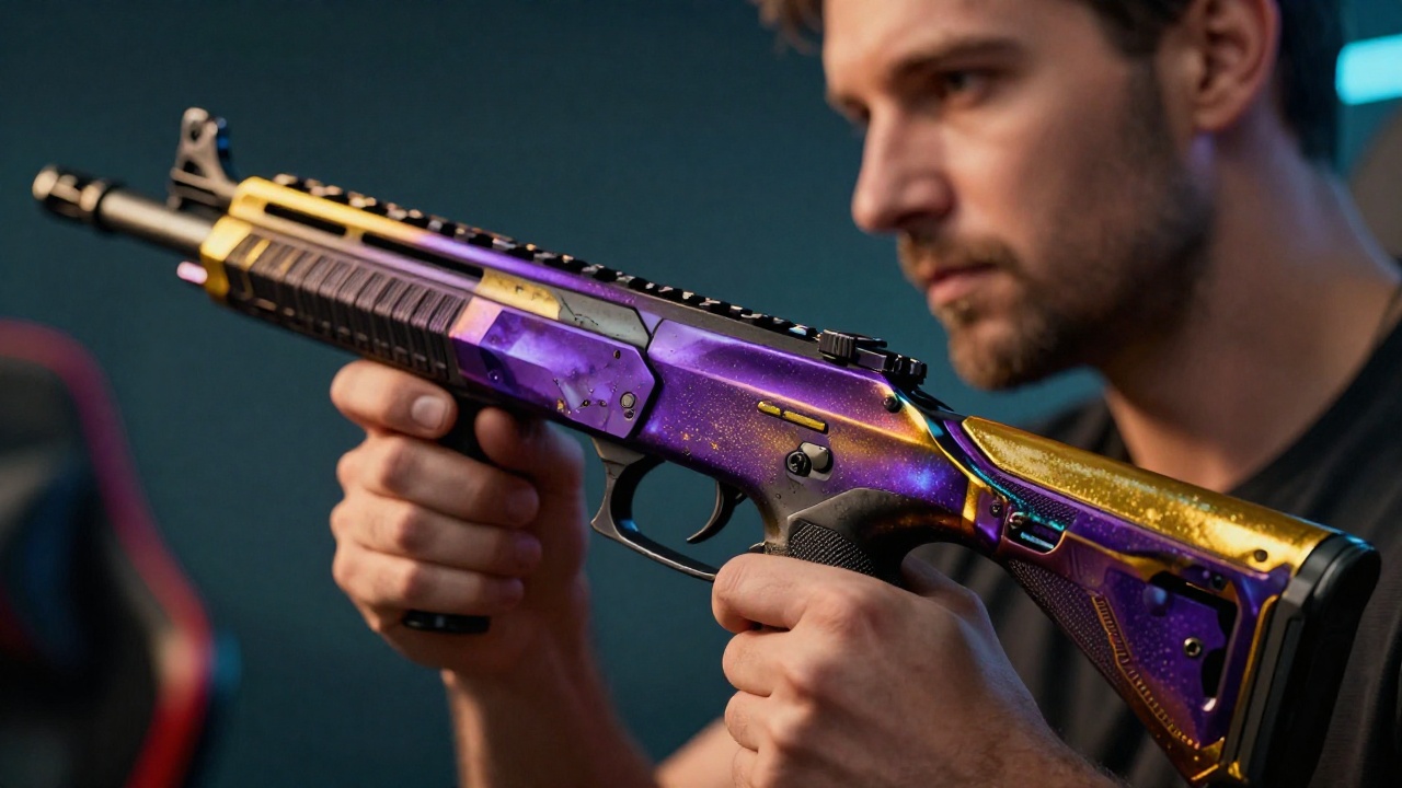 Макросъемка редкого скина оружия Counter-Strike 2 с градиентным покрытием и металлической текстурой в руках игрока