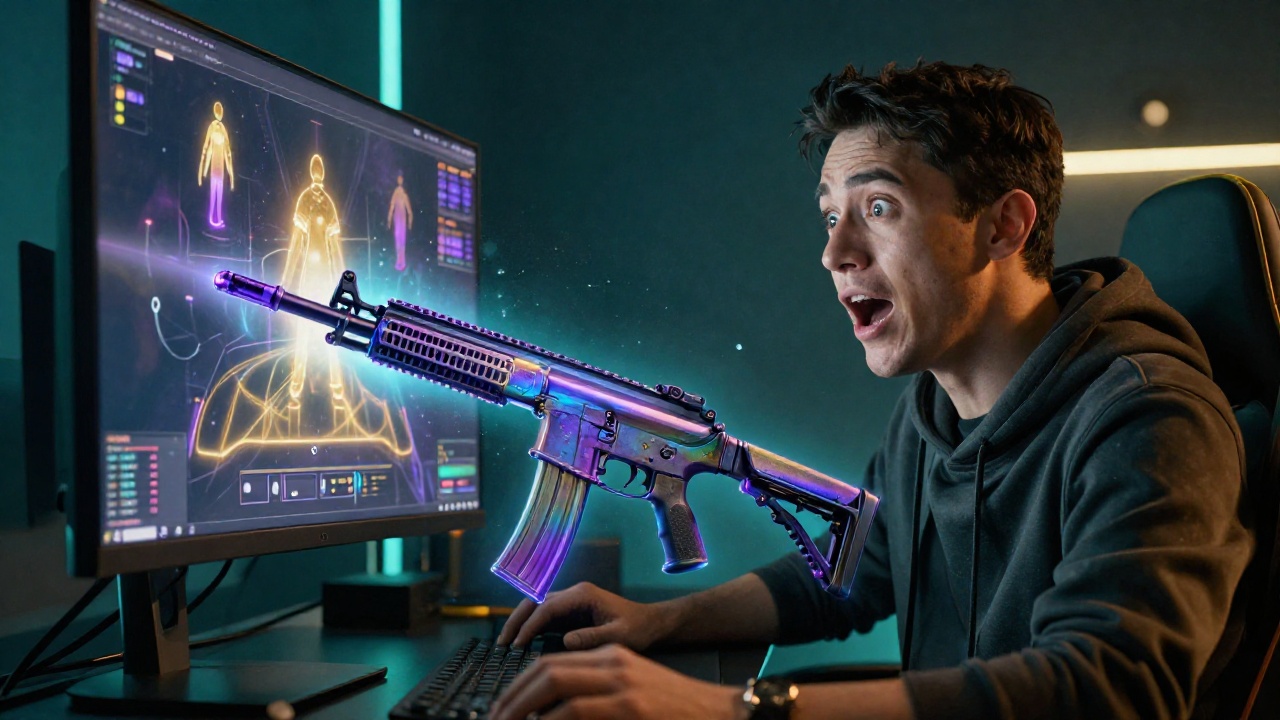 Игрок реагирует на редкий скин Counter-Strike 2 с градиентным свечением на игровом мониторе