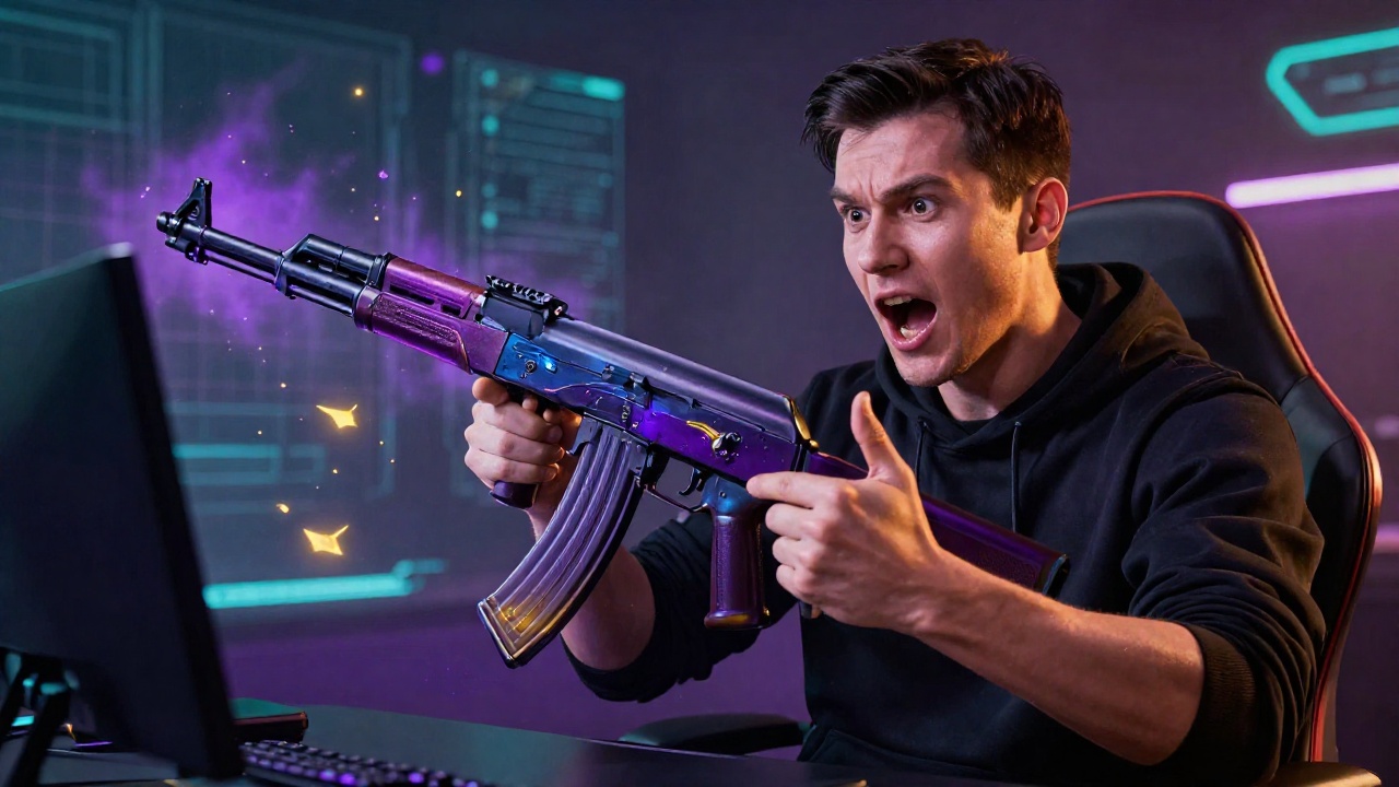 Геймер с редким скином оружия Counter-Strike 2 на темном фоне с неоновым освещением