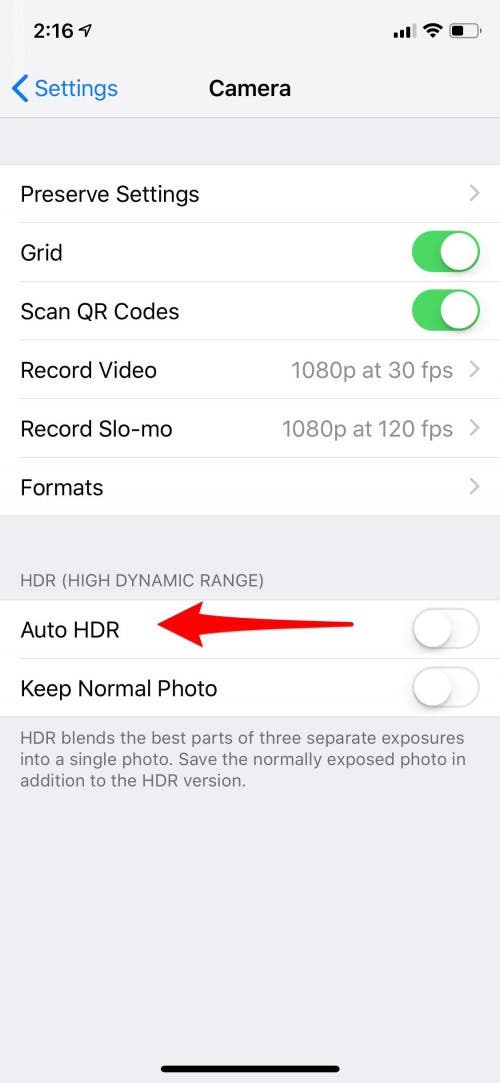 Теперь вернитесь в приложение «Камера», и вы увидите HDR рядом со значком вспышки с косой чертой;  нажмите это