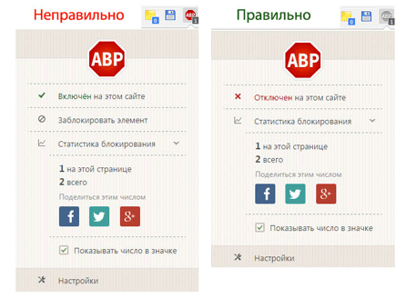 Просто зніміть галочку «Включено на цьому сайті», текст при цьому зміниться на «Відключений на цьому сайті», а іконка програми стане сірою