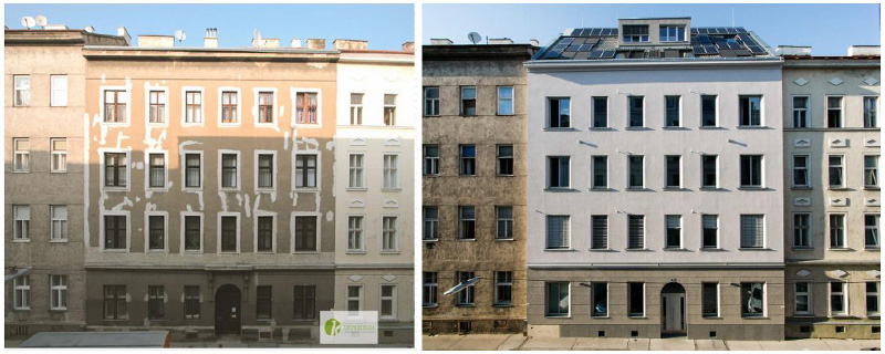 За австрійським будівельним стандартам, витрата теплової енергії на опалення після санації відповідно до Пакету проектування пасивних будинків не повинен перевищувати 14,8 кВт-год / м2 / рік